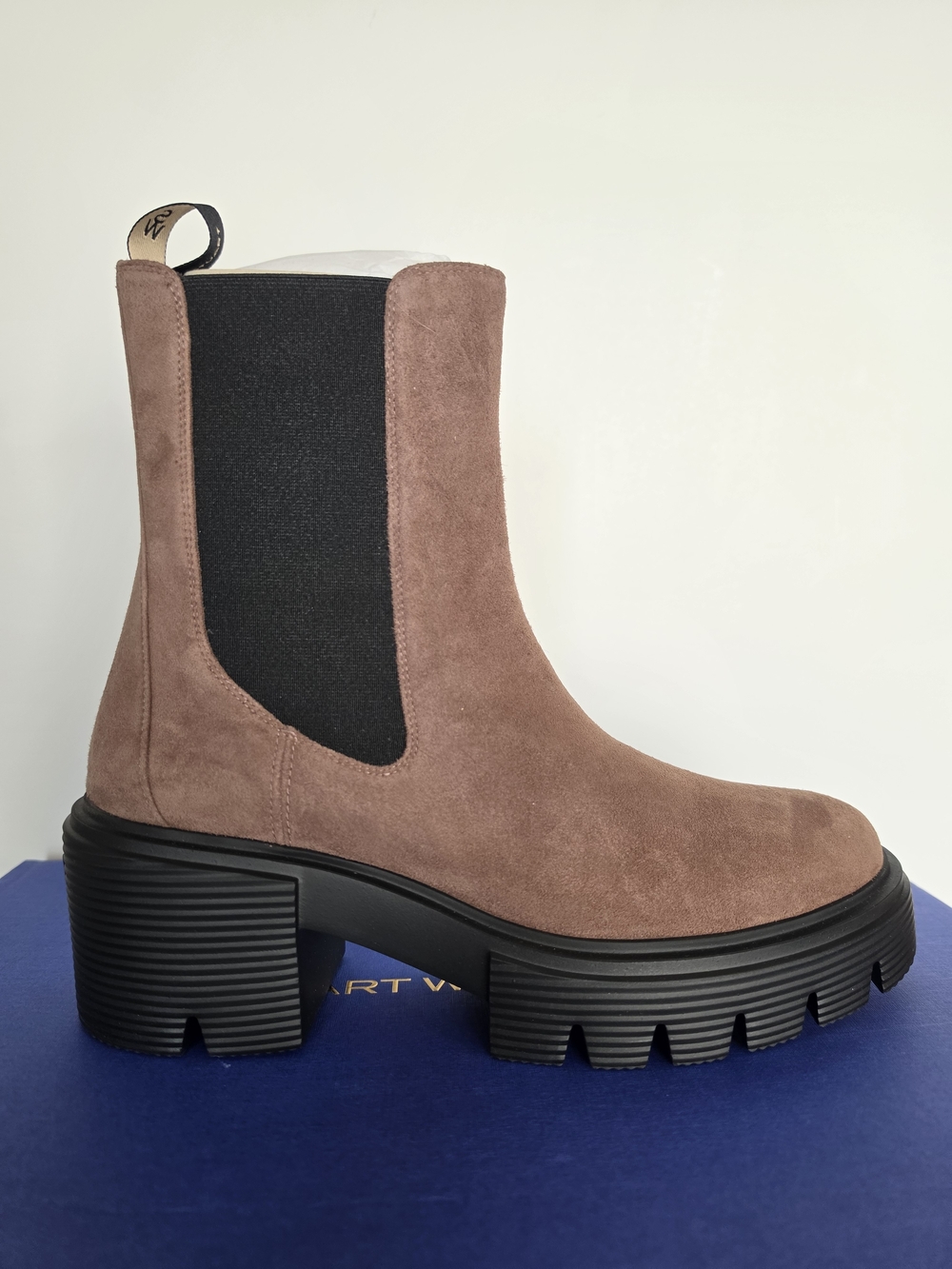 Stuart Weutzman Suede Chelsea Lug Boot in Taupe